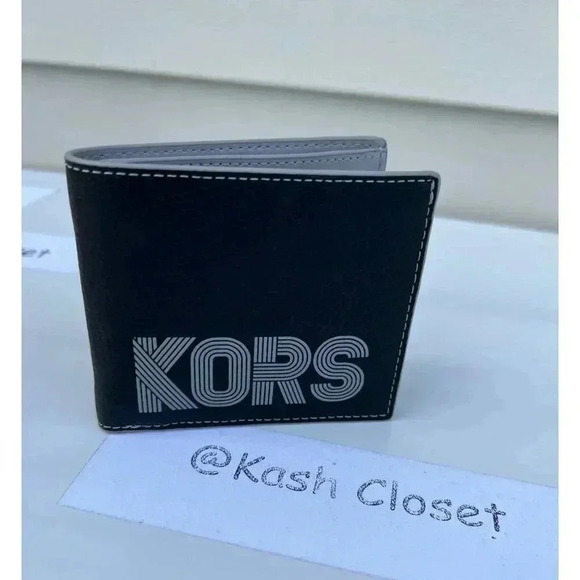 Michael Kors Cooper Mens Wallet Billfold Logo and Faux Leather - Black/Grey - Picture 1 of 6